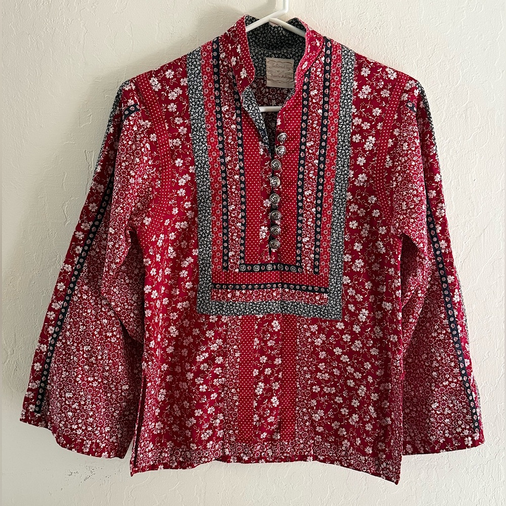 Boho Red Floral Patchwork Top – Handmade Cotton Folk Tunic (XXS)